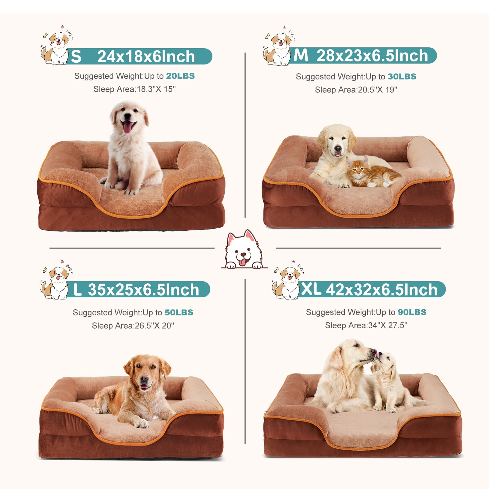 SHOUFTW L Orthopedic Dog Bed 42"x32", Large Dog Sofa Bed with Egg Crate Foam Support, Waterproof Liner, Removable Washable Cover, Non-Slip Bottom Pet Bed for Large Dogs,Brown