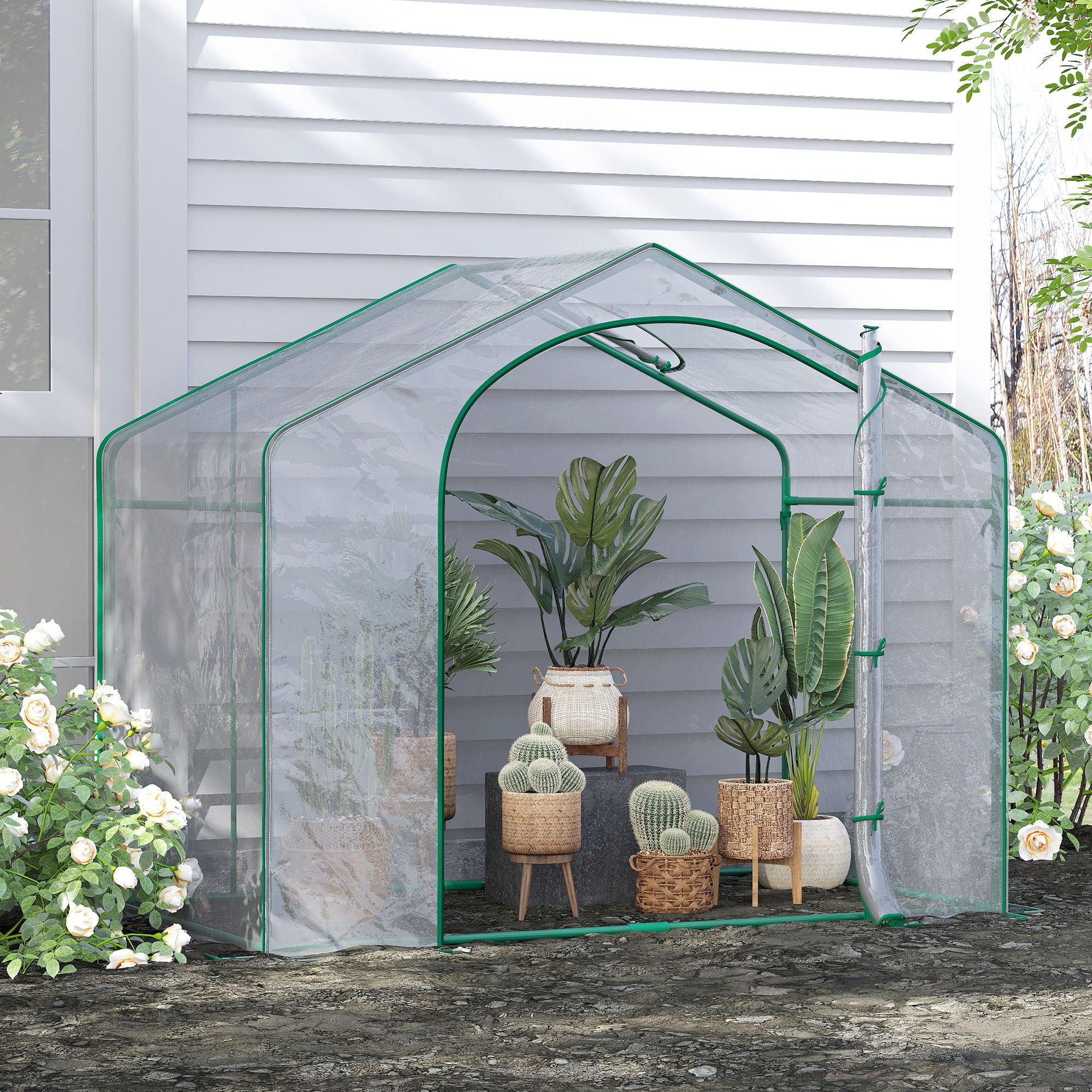 Portable Walk-in Greenhouse 6 x 3 x 6 with PVC Cover Steel Frame Garden Hot House Zipper Door Top Vent