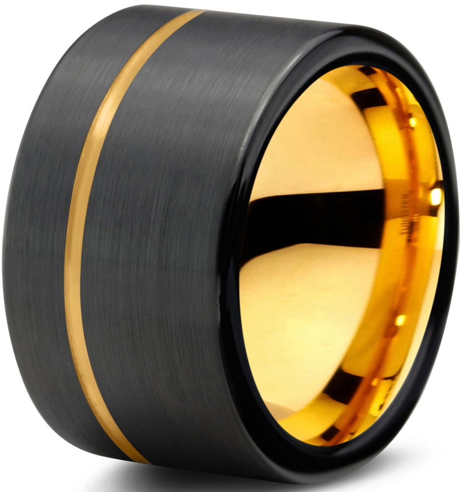 Midnight Rose Collection Tungsten Wedding Band Ring 7mm for Men Women 18k Rose Yellow Gold Plated Flat Cut Black Grey Brushed Polished