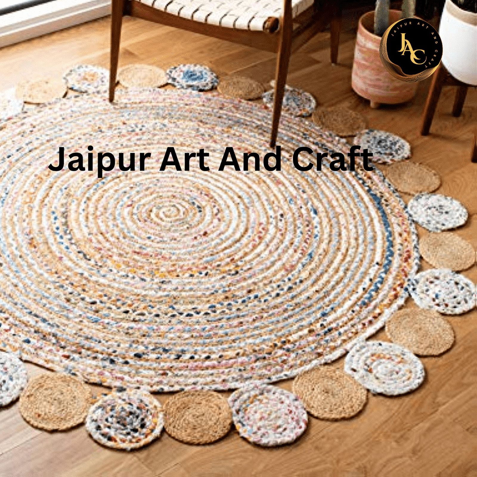 Jaipur Art And Craft Home Décor Jute and Cotton Round Handmade Reversible Carpet Braided Area Rug (4x4 Sq Ft)