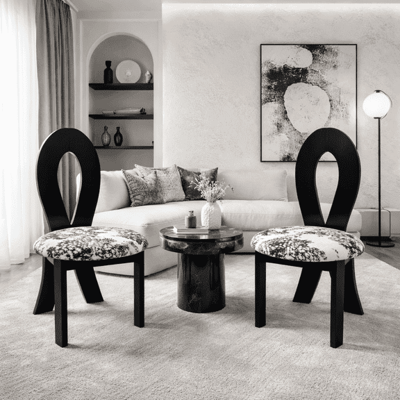 Ciphrias Dining Chairs Set of 2, Solid Wood Ribbon Back Upholstered Fabric Seat, Black White for Dining Room