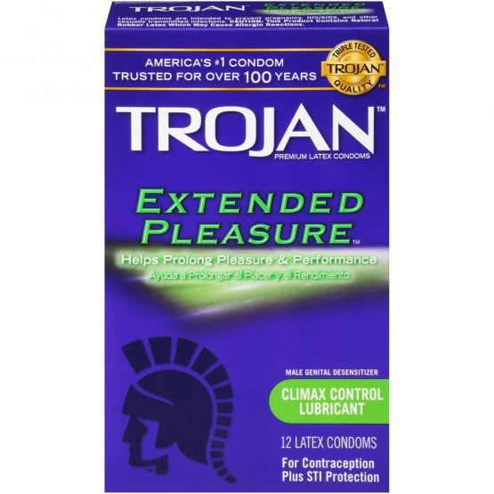 Trojan Extended Pleasures + Brass Lunamax Pocket Case, Climax Control Ribbed Lubricated Latex Condoms -12 Count