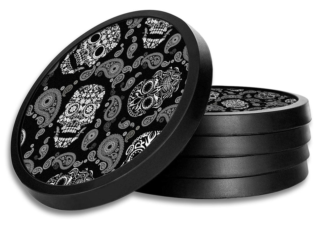 Silicone NonSlip Drink Coasters with Removable Printed Absorbent Felt Pad Set of 4 White