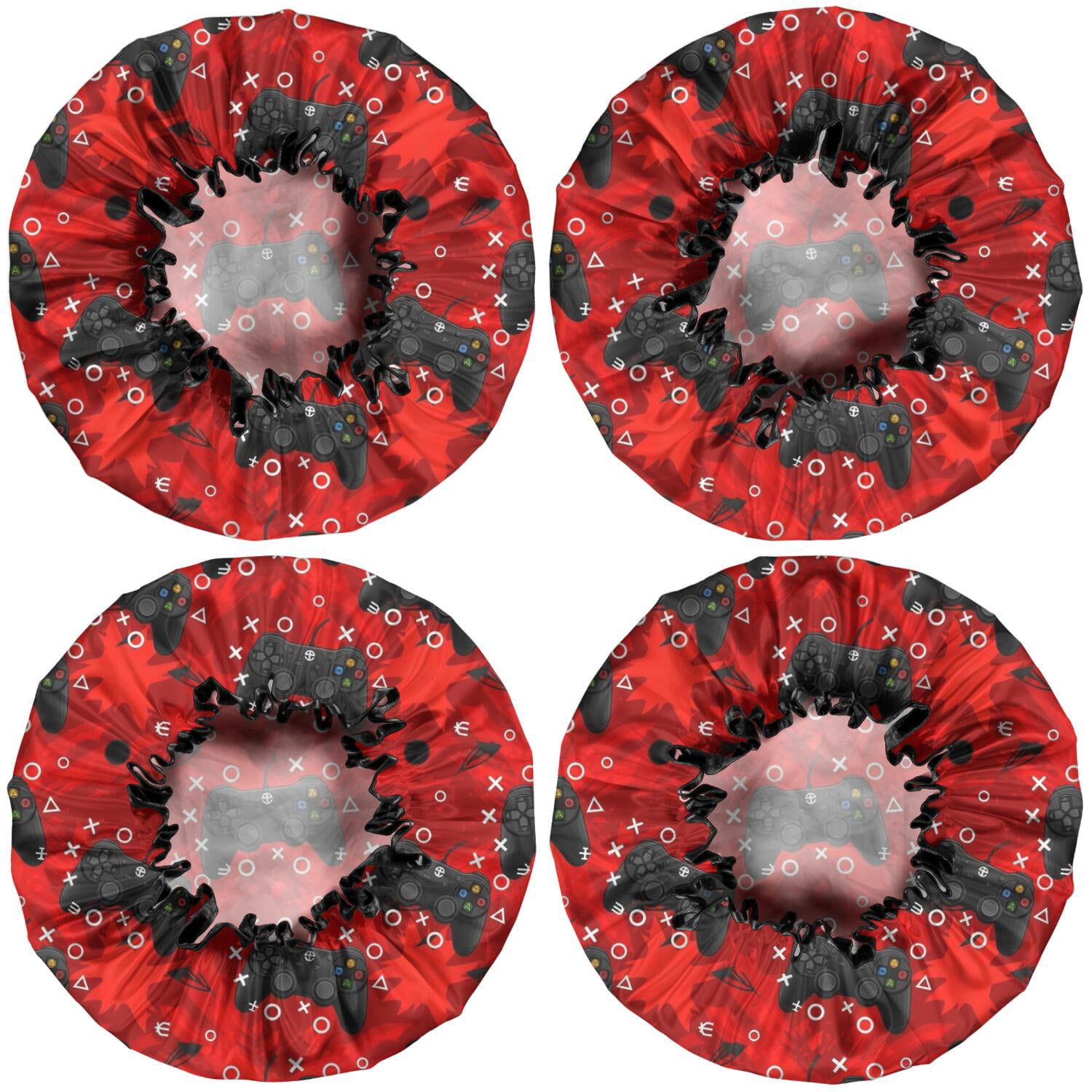Shower Caps,Black Controllers Games Icons Red Pattern Waterproof Shower Cap for Women 4 Pieces,Double Reusable Hair Cover for Shower PEVA Elastic Stretch Hem