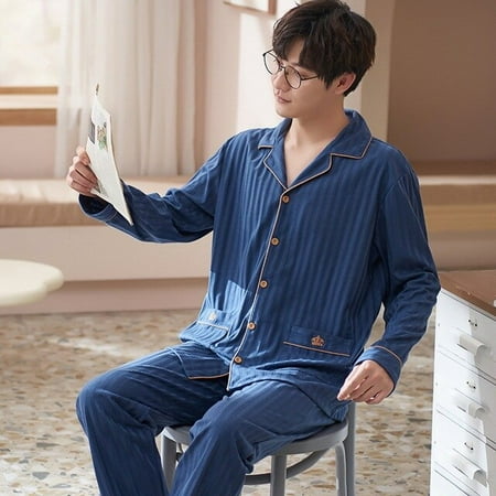 

CoCopeaunt New spring and autumn mens home wear cardigan long-sleeved pants pajamas set lapel loose pajamas men sleepwear