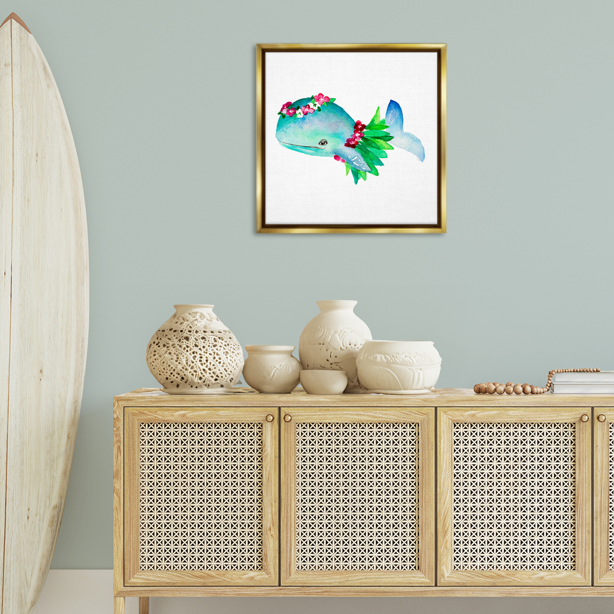 Stupell Industries Hula Skirt Whale Novelty Painting Gold Floater Framed Canvas Art Print Wall Art, 25 x 25