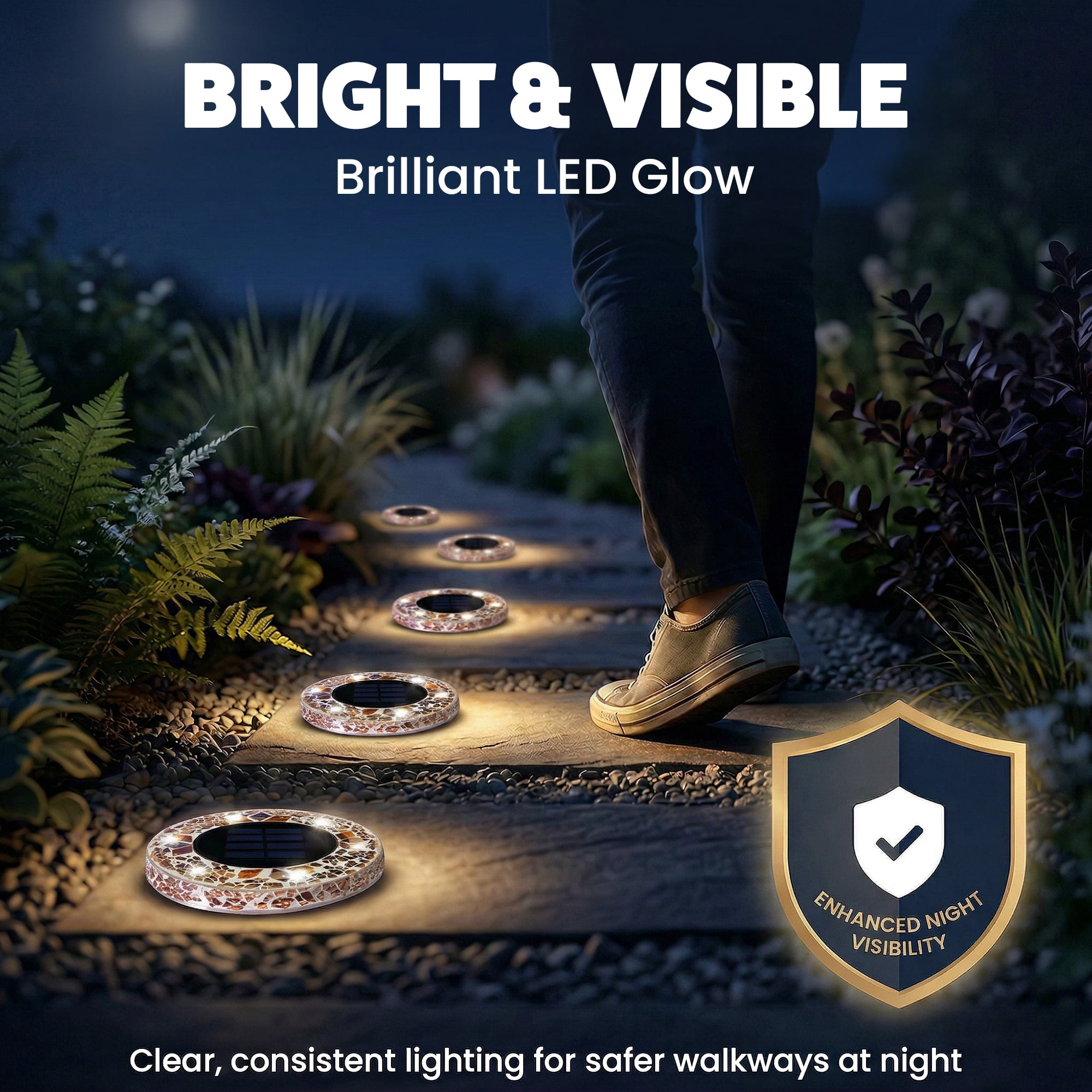 Bell+Howell Solar Outdoor Mosaic Disk Lights, 4 Pack Ultra-Premium Glass Decorative Pathway, Solar Outdoor Waterproof Disk, LED Pathway, Auto On/Off Lights - Tan