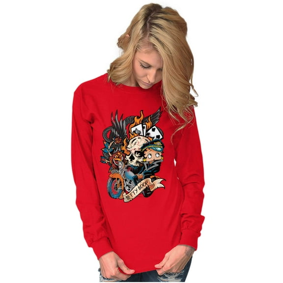 Betty Boop Biker Flaming Skull Tattoo Women Plus Size Long Sleeve Tee Brisco Brands 2X