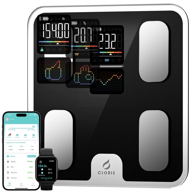 Báscula inteligente CLORIS para peso corporal, grasa corporal, báscula digital para baño para un IMC preciso, composición de masa muscular, analizador de salud con aplicación Bluetooth