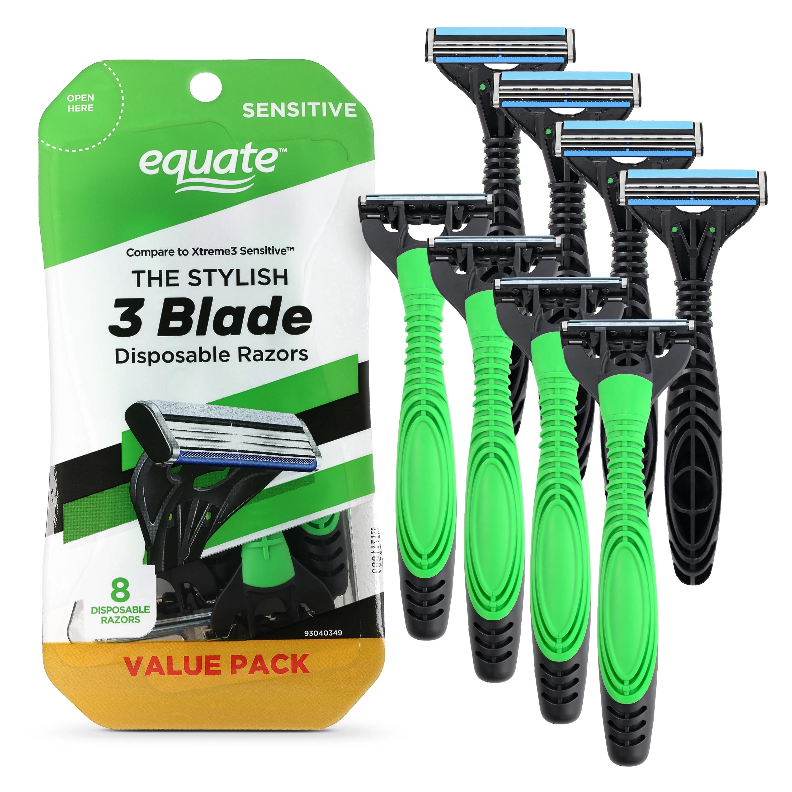 (3 pack) Equate Men's 3-Blade Sensitive Disposable Razors, Green and Black, 8 Count