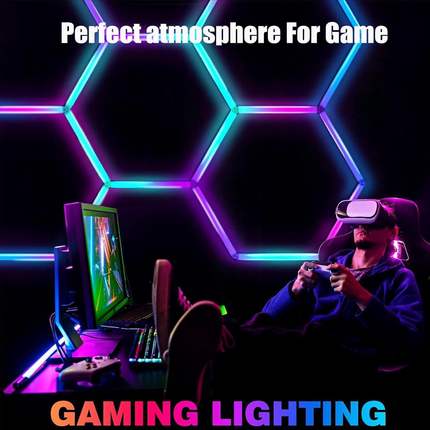 RGB Hexagon Garage Lights, LED Hexagon Lights for Gaming Room, Smart App & Remote Control, DIY Honeycomb Ceiling Light for Studio Gym Basement Decor