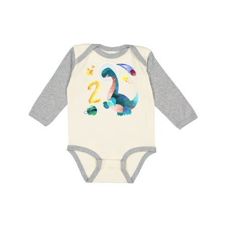 

Inktastic Second Birthday Dinosaur Astronaut with Stars and Planet Gift Baby Boy or Baby Girl Long Sleeve Bodysuit