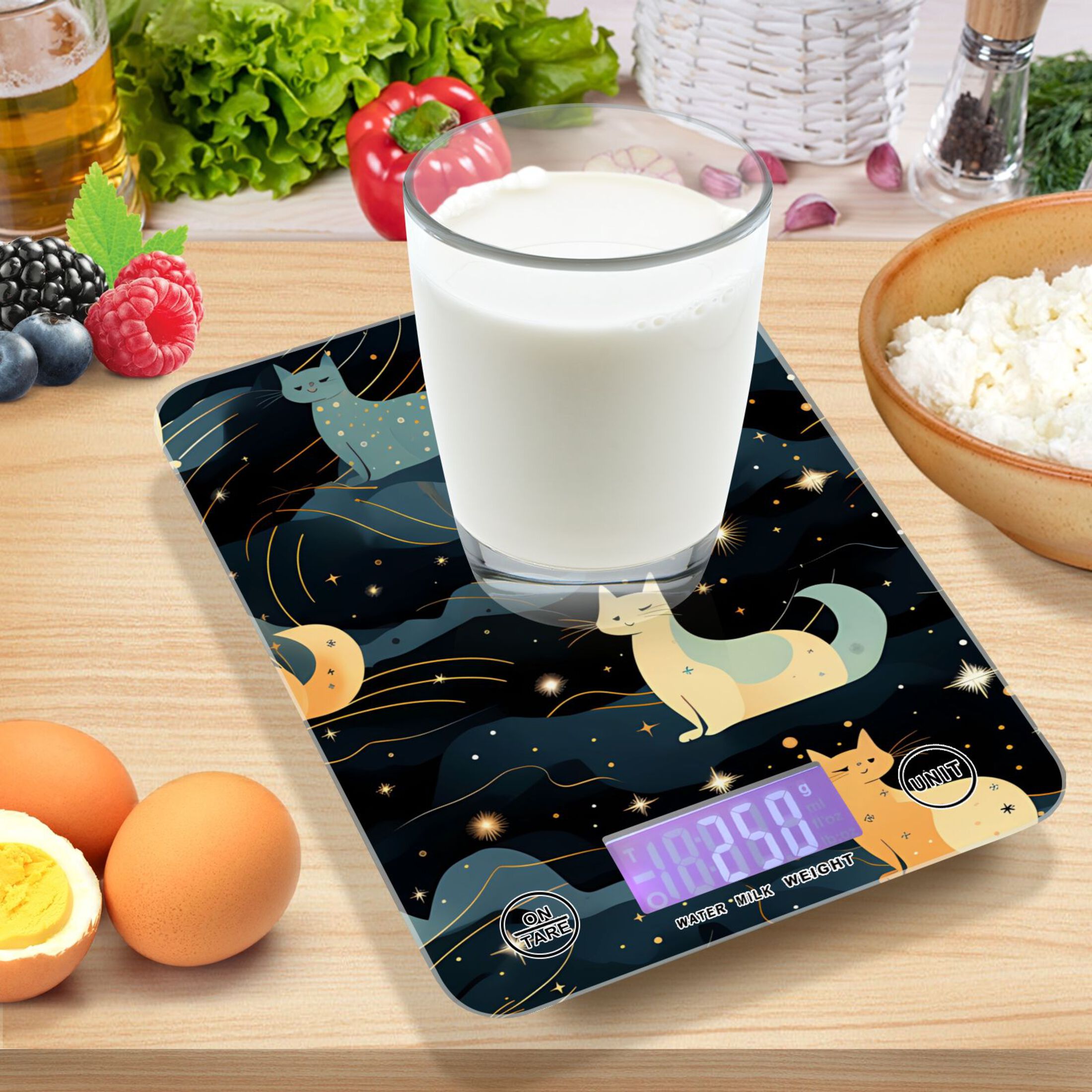 Cats Clouds Stars Food Scale Digital Kitchen Scale Waterproof Tempered Glass Tare Function 11 lb for Baking Cooking Meal Prep
