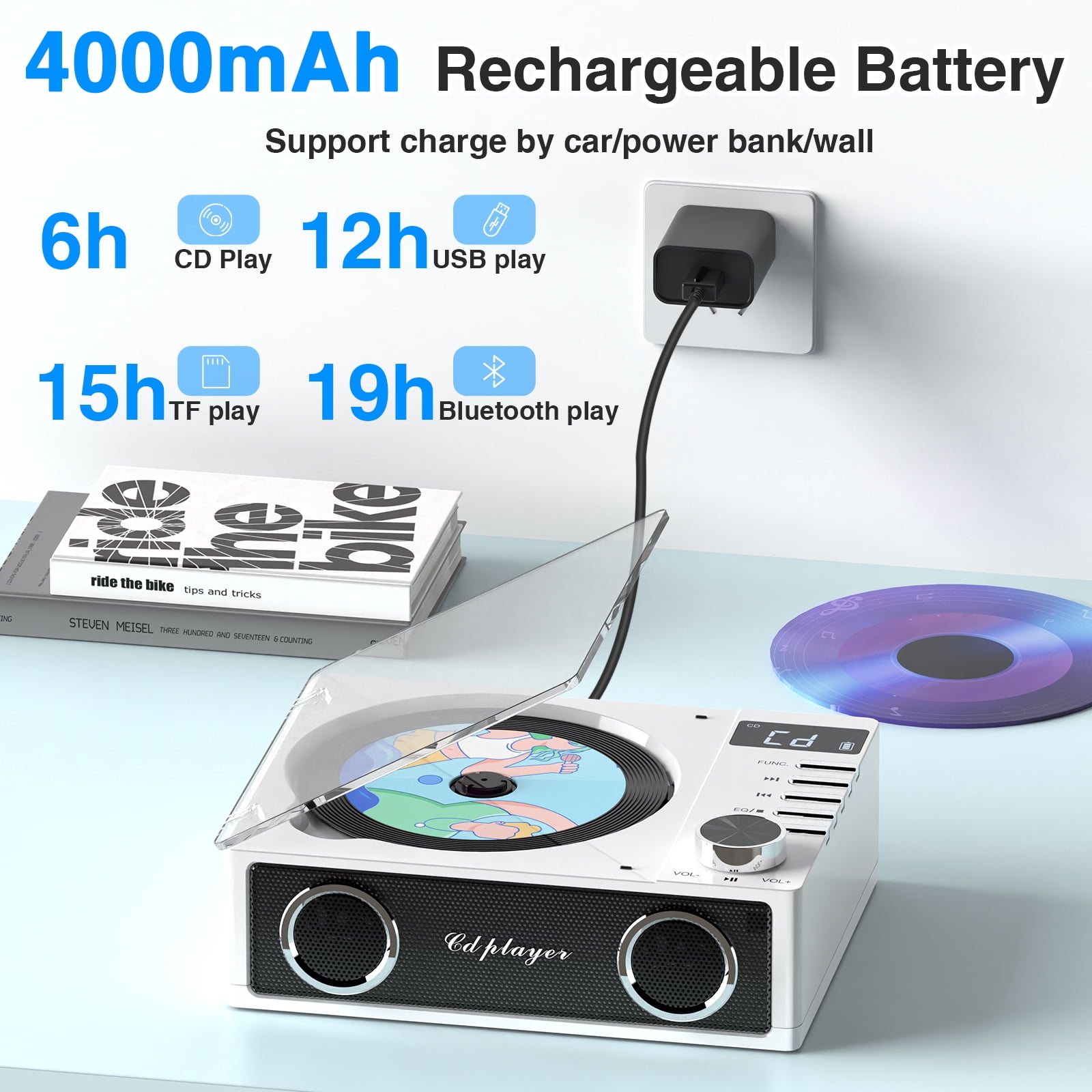 Greadio Bluetooth CD Players Portable with Remote Control, 4000mAh Rechargeable CD Player, CD Players for Home with Speakers , Supports USB, TF, AUX, Optical Input, 1 Count