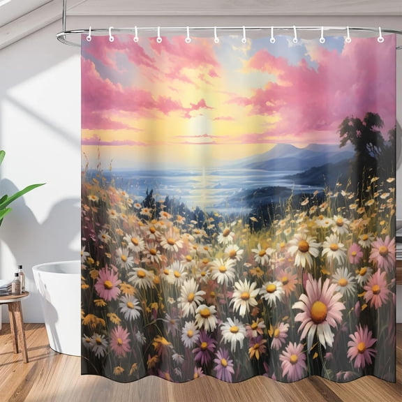 Summer Beach Floral Shower Curtain, Waterproof Fabric Shower Curtain, Washable Polyester Bath Curtain for Bathroom Decor 36"W X 72"H