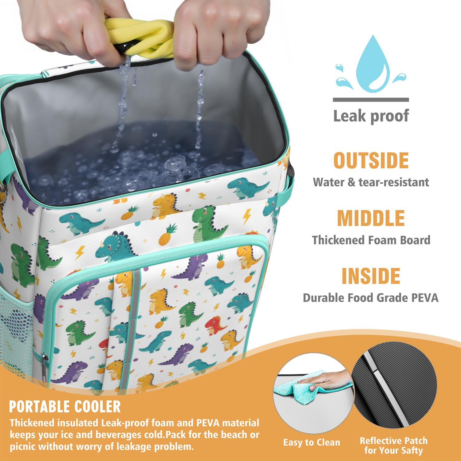 Travel Cooler Bag - White Dinosaurs Pineapples Bolts Pattern Camping Beer Cooler Backpack with Bottle Opener- Waterproof Insulated Picnic Backpacks - Cooler Bag for Beach