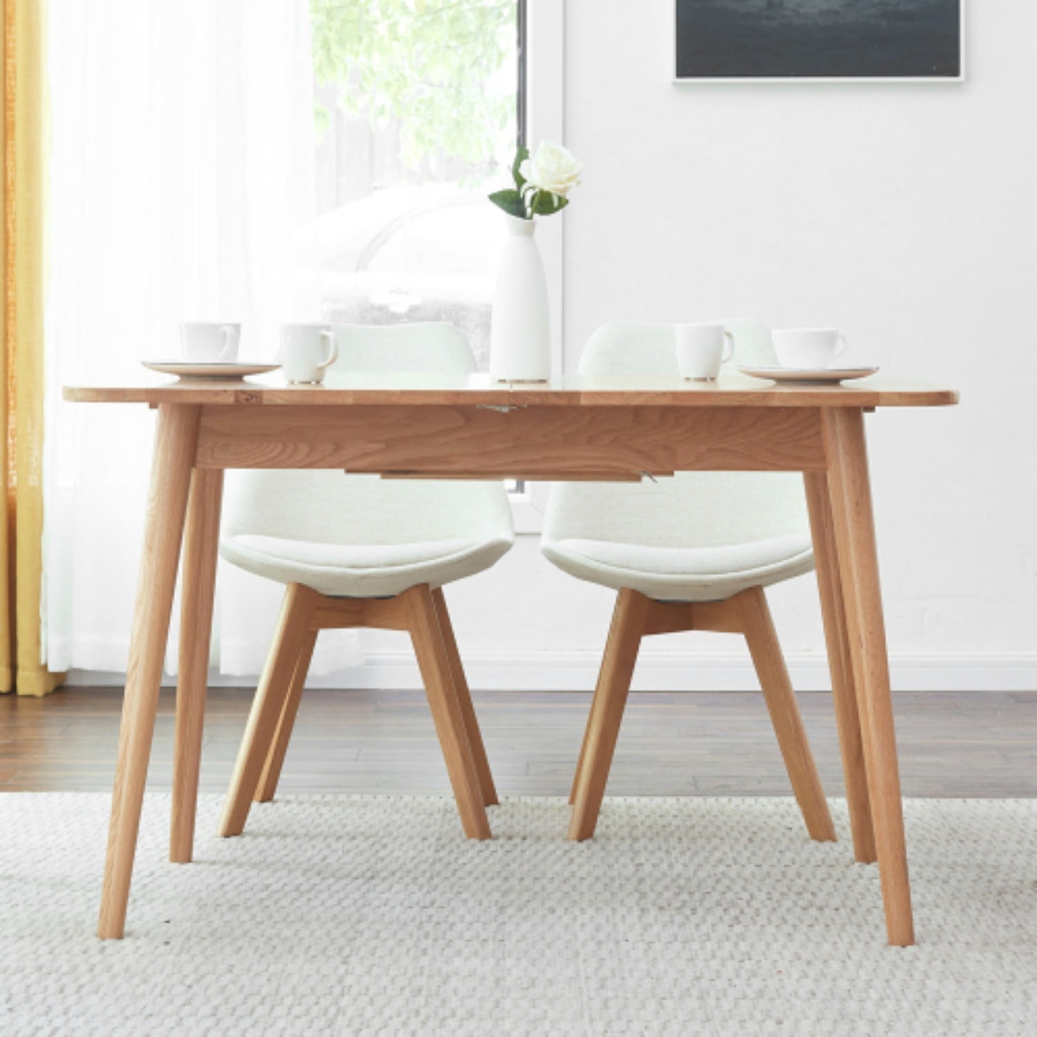 Extendable Solid Oak Dining Table, 47.2"-63" Modern Farmhouse Wooden Kitchen Table with Rounded Corners, Seats 6-8, Natural Oak