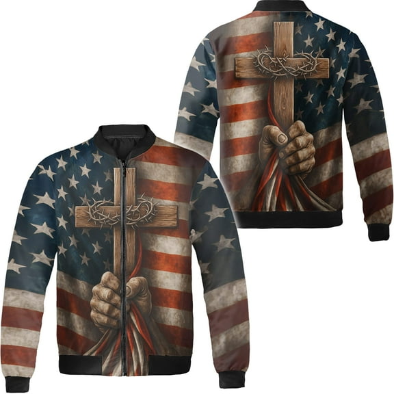 Lotusprinthandmade Independence Day America Flag Jesus All-over Print Bomber Jacket S-5XL Multicolor (S), Christian-Themed Bomber Jacket, Faith-Inspired Jesus Design Jacket