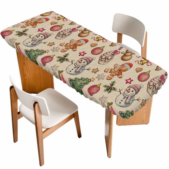 Beige Christmas Table Cloths for 8 Foot Rectangle Tables, Xmas Tree Balls Snowman Gingerbread Patio Waterproof Elastic Fitted Tablecloths, Washable Rectangular Table Cover for Camping