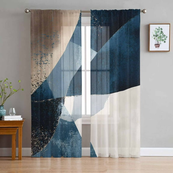 Navy Blue Brown Sheer Curtains 96 Inches Long 2 Panels Set, Window Sheer Curtains for Living Room/Bedroom, Modern Geometric Abstract Art Light Filtering Rod Pocket Curtain 52'' x 96'' x 2