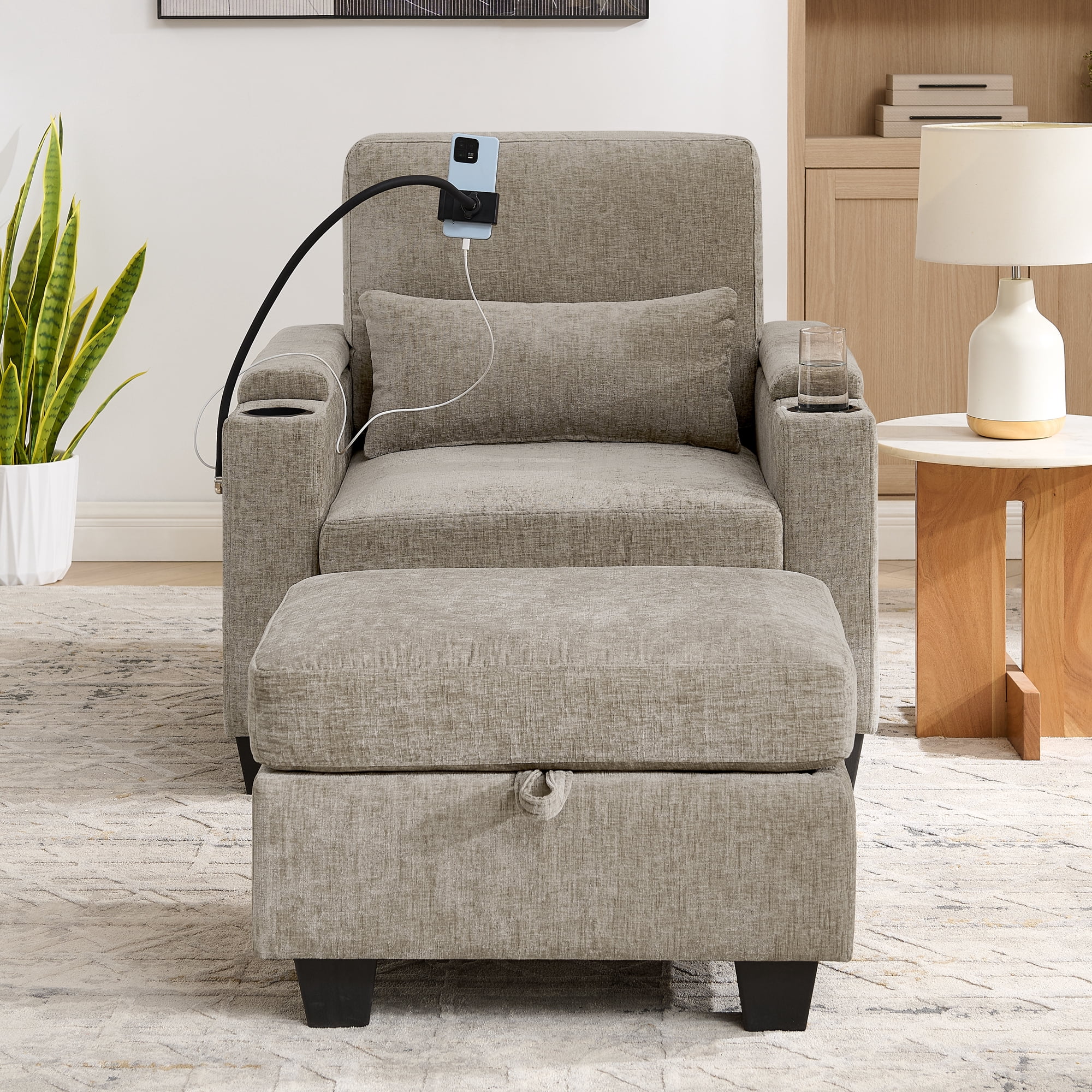 Recliner Chair with Adjustable Backrest, Cup Holders, USB Charging Port, Phone Stand, Arm Storage and Storage Ottoman