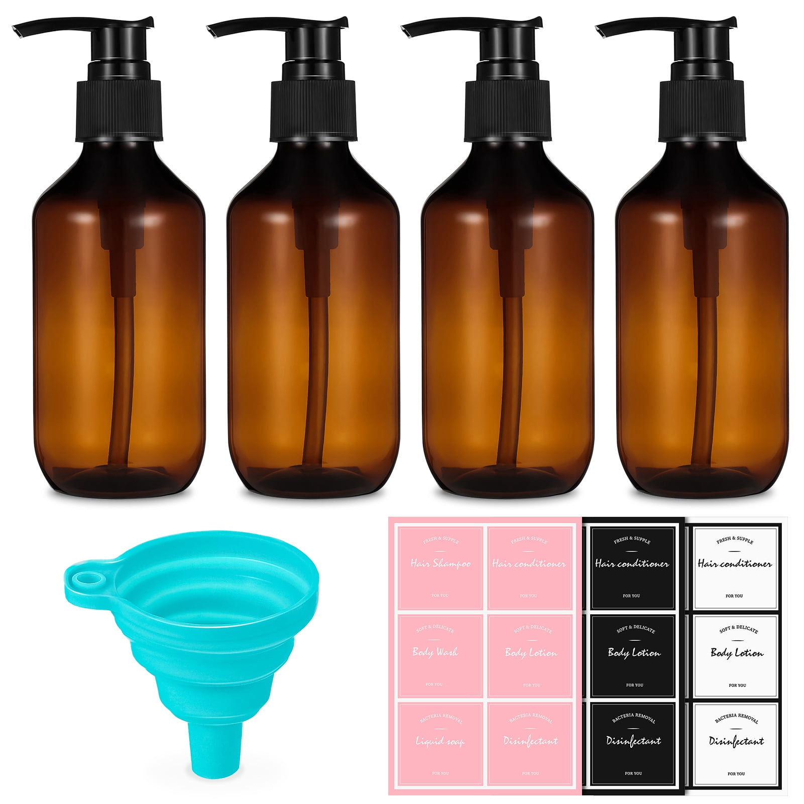 Taihexin 4 Packs Shampoo Bottles with Pump, 16.9oz /500ml Empty Refillable Shower Bottle with Stickers Funnel, Reusable Squeeze Lotion Dispenser for Liquid Soap Bathroom(amber)