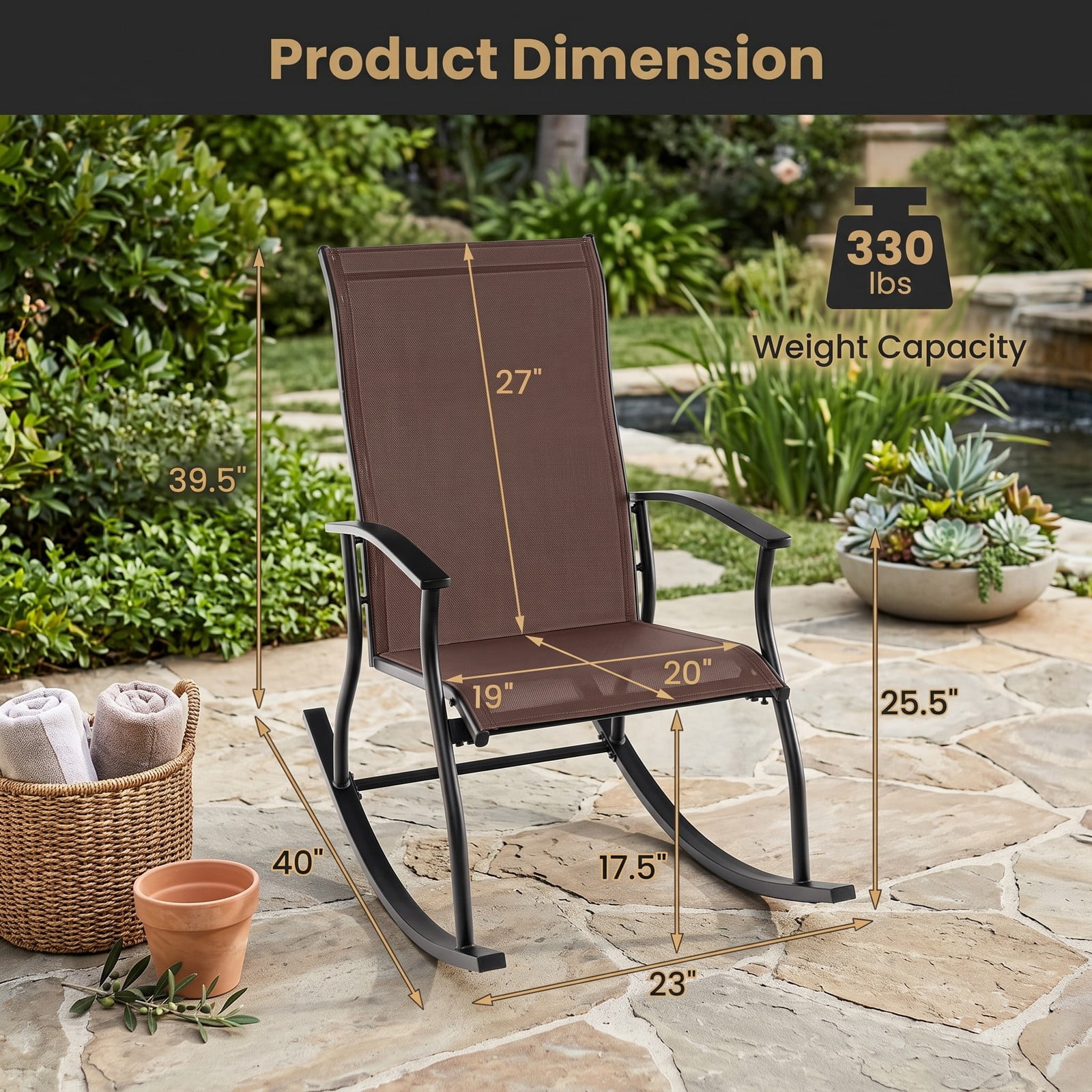 Furnibear Outdoor Rocking Chairs Set of 2 with Breathable Backrest and Rustproof Metal Frame for Backyard and Poolside, Brown