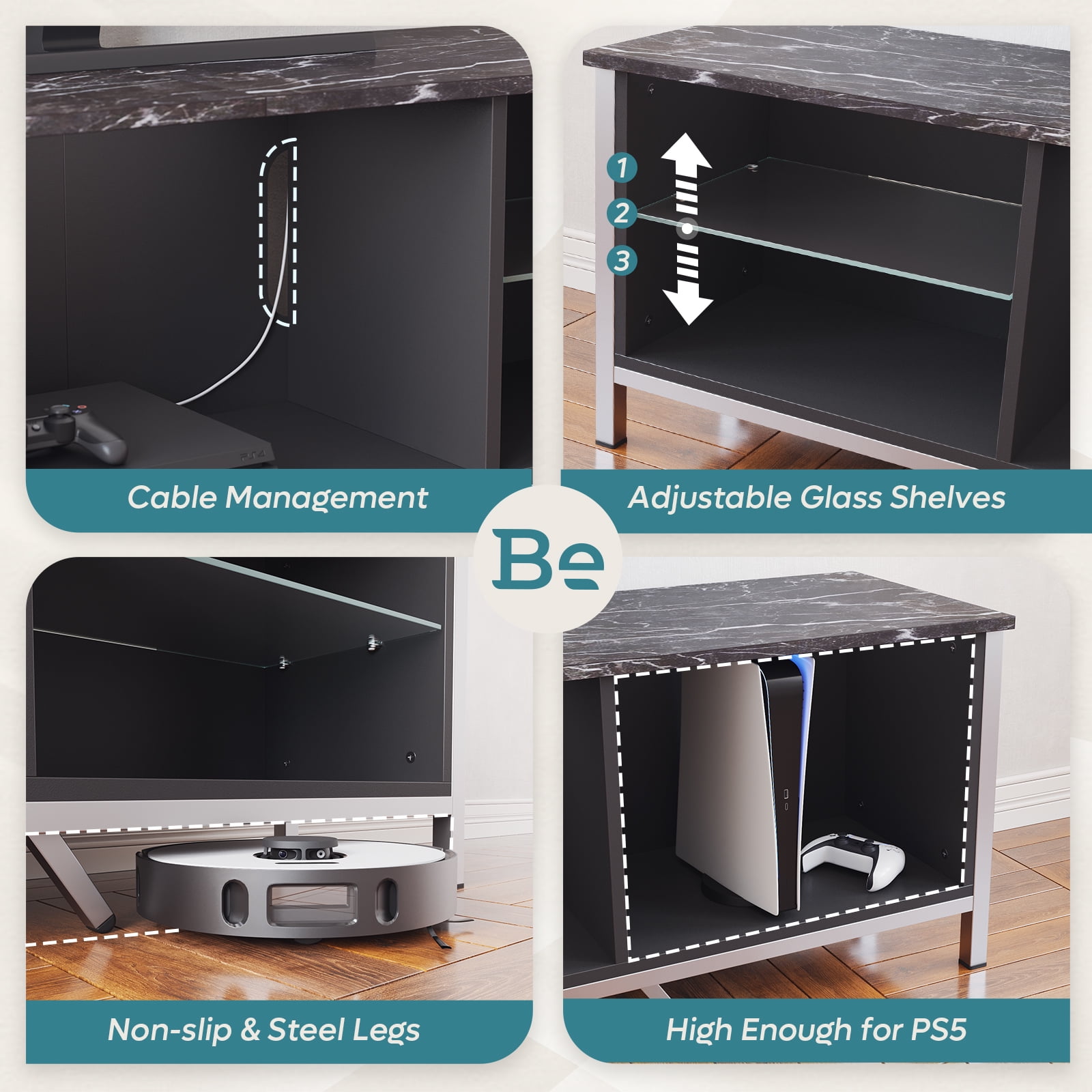Bestier 70" TV Stand for TVs up to 80" with LED Lights Modern Gaming Entertainment Center, Black Marble