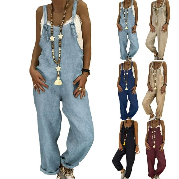 Women's Cotton Linen Jumpsuits Plus Size Overalls Loose Fit Bib Jumpsuit Wide Leg Romper with Pockets