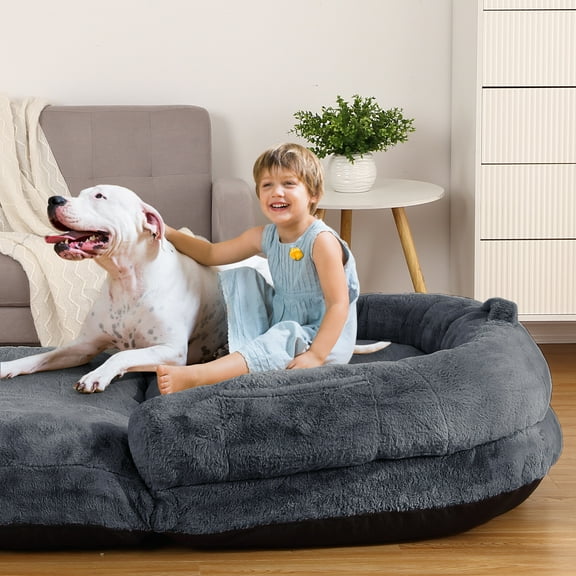 Giant Human Sized Dog Bed 71"x43"x10" Foldable Dog Bed, Washable and Removable Cover, Dark Gray