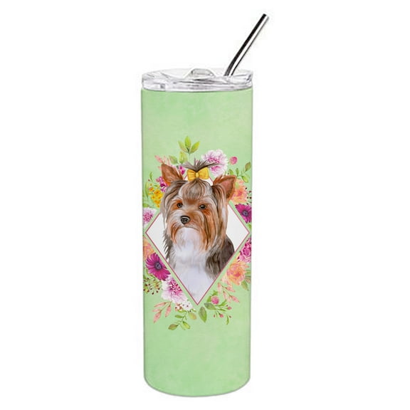 Carolines Treasures CK4354TBL20 Yorkshire Terrier Design1 Green Flowers Stainless Steel 20 oz Skinny Tumbler 20 oz