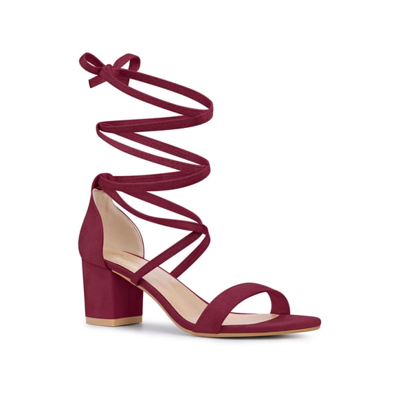 Perphy Lace Up Strappy Block Mid Heels Sandals for Women Burgundy (Size 9)