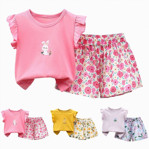 Splozh Toddler Girl Short Sets Cute Holiday Casual Flying Sleeve Top Shorts 2 Piece Set Girls Summer Outfits Toddler Outfits Light Purple,5-6 Years