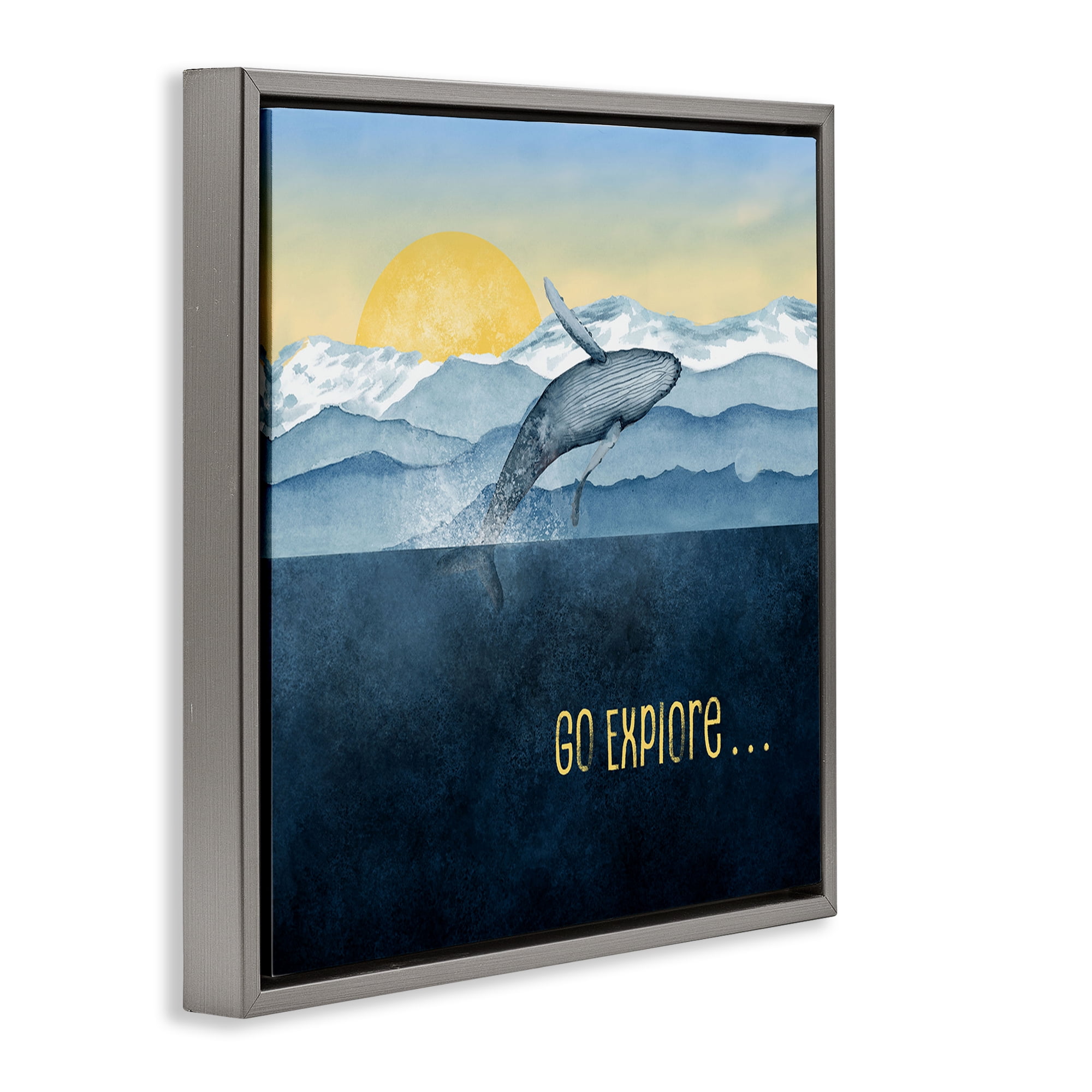 Go Explore Whale Breach Gray Framed Floater Canvas Wall Art, design by Brett Blumenthal