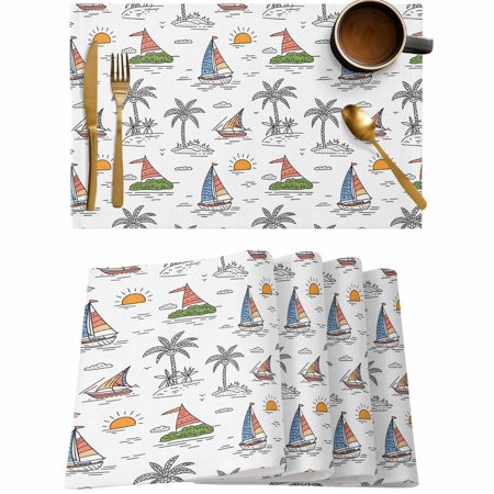 Summer Coconut Tree Sailboat Placemats Set of 4,Wipeable Washable Table Mats for Dining Tables,Sun Cloud Cartoon Style Place Mats for Kitchen Event Party Tabletop Decor