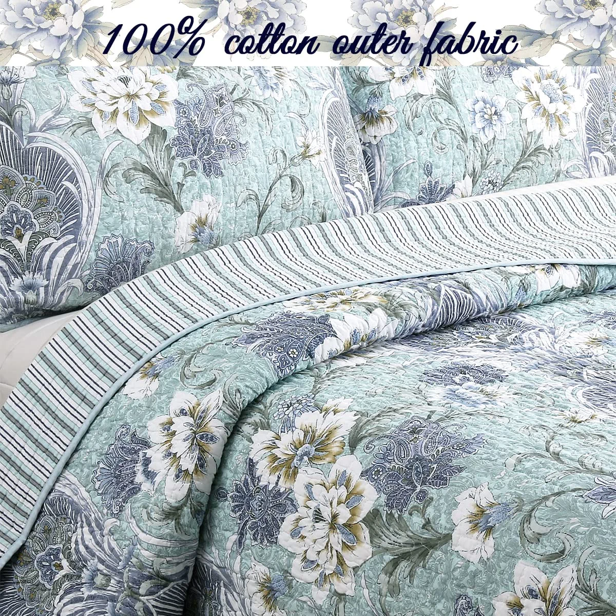 Cozy Line Jasmine Floral 3-piece Reversible Cotton Bedding Quilt Set, Queen