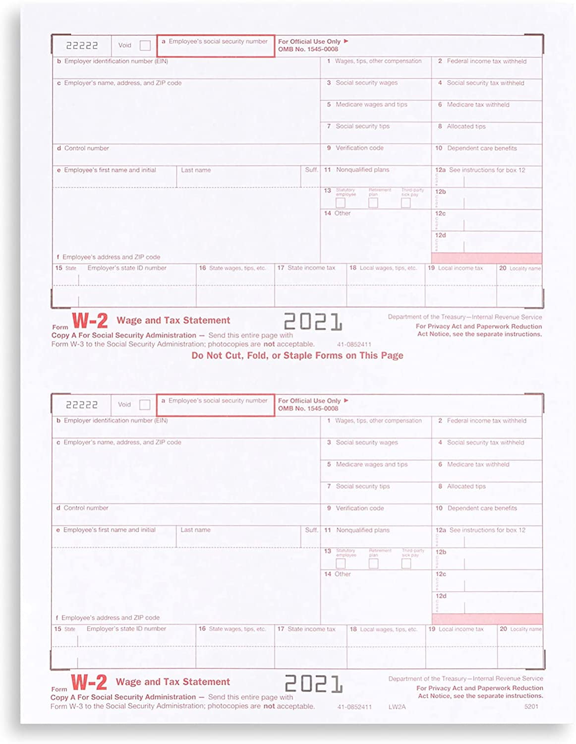 Blue Summit Supplies 100 W2 Forms, Copy A Only, 2020 Tax Forms for