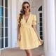 thumbnail image 4 of Vestido Midi con Estampado de Cuadros Retro para Mujer, Cuello en V, Corta, Volantes, Informal, Abotonado Amarillo M, 4 of 7
