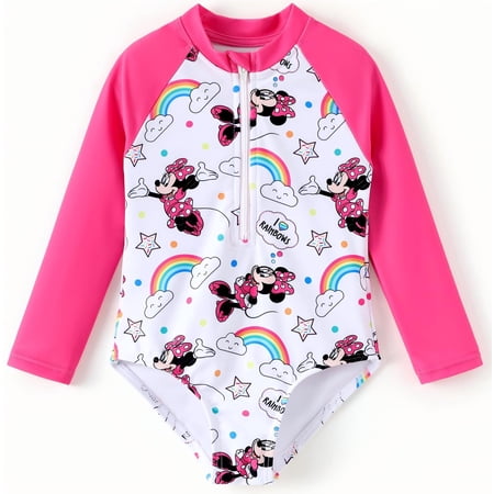 Disney Minnie Mouse Girls Rash Guard One-Piece Swimsuit with Rainbow Print for Toddler 3M-6Y