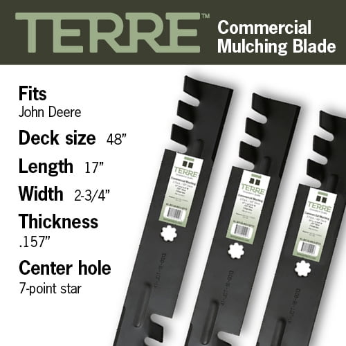 Terre Products, 3 Pack Commercial Mulching Lawn Mower Blades, 48 Inch Deck, Compatible with John Deere, Replacement for GX21784, GY20852, GX21786