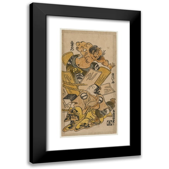 Torii Kiyomasu 9x14 Black Modern Framed Museum Art Print Titled - Ichikawa Monnosuke as a Courtesan and Nakajima Mioemon Bursting Out of a Barrel (C. Early 1720s)