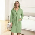 thumbnail image 2 of Women's Hooded Bathrobe Long Sleeve Lapel Collar Belt Solid Pajamas Home Wear with Pockets Olive Green M, 2 of 7