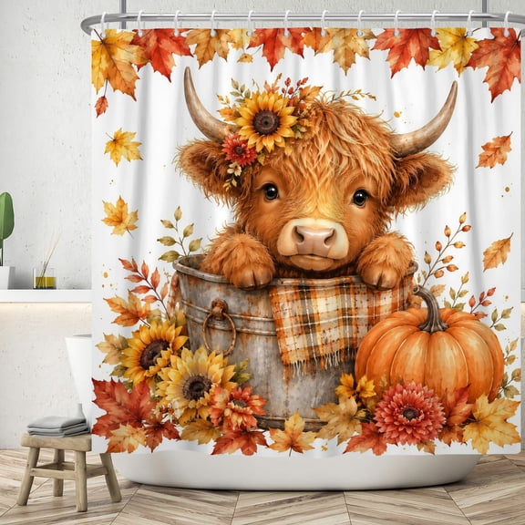 MIZHONA Fall Cow Shower Curtain Autumn Thanksgiving Farmhouse Animals Fabric Bathroom Curtains Decor with Hooks 72x72 in