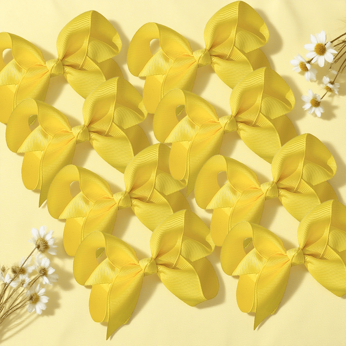 JoyBowie 24Pcs Hair Bows Set, 12x3In Solid Color & 12x4.5In Ruffled Edge Yellow Bows for Girls