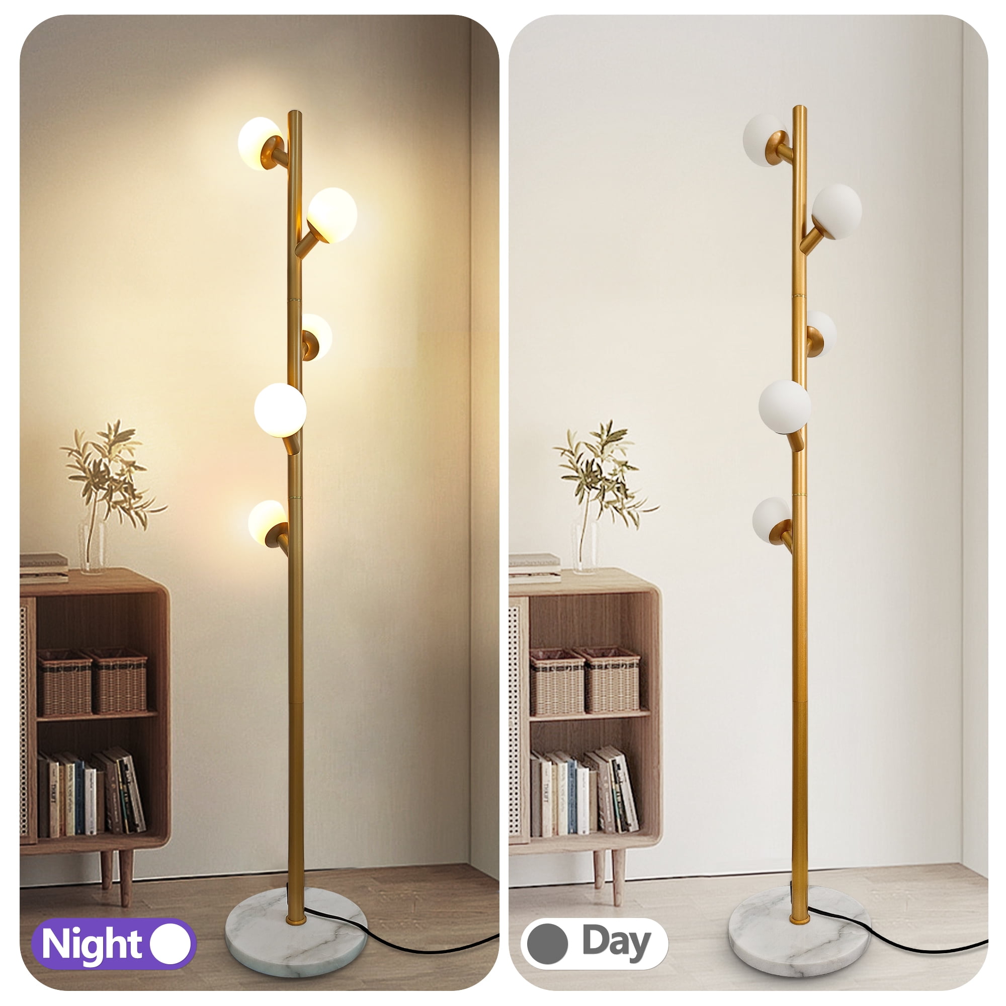 GCGAFUL 5 Glass Globe Floor Lamp for Living Room, Modern Gold Tree-Style Standing Lamp with  Weighted Base, 3000K Warm Soft Light for Bedroom Office