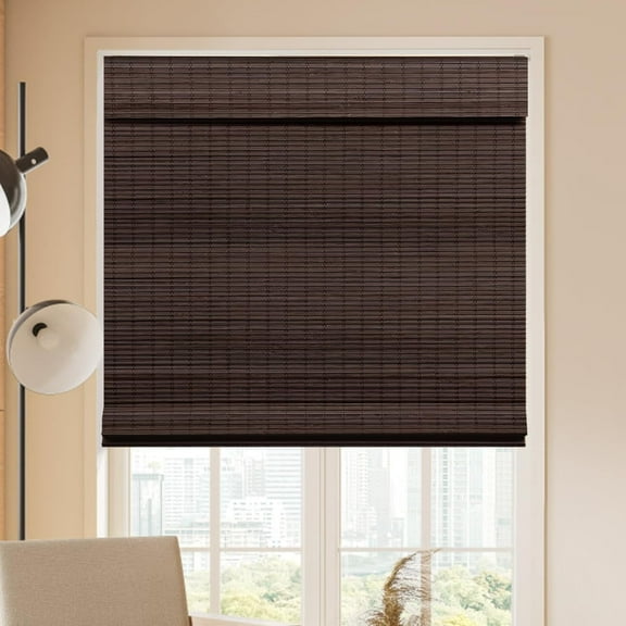 LUCKUP Cordless Bamboo Roman Blinds Shades for Indoor Windows-Blackout Room Darkening Roman Blinds with 6" Valance Cover Enhanced Privacy, 32" W x 64" H