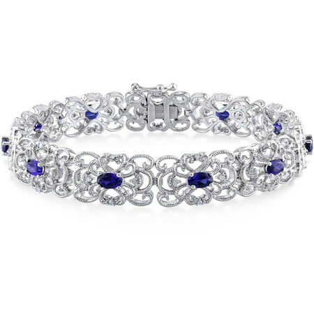 Tangelo 4-1/3 Carat T.G.W. Created Blue Sapphire and 1/5 Carat T.W. Diamond Sterling Silver Filigree Design Bracelet, 7
