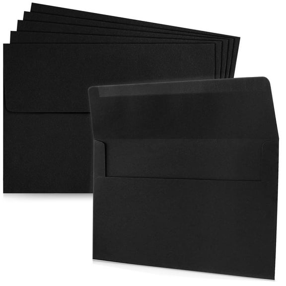 Juvale Black 5x7 Envelopes - 5.25"x7.25", A7 Square Flap & Water-Activated Seal, 50-Pack - Envelopes for 5x7 Cards & Invitations - Matte Black Paper