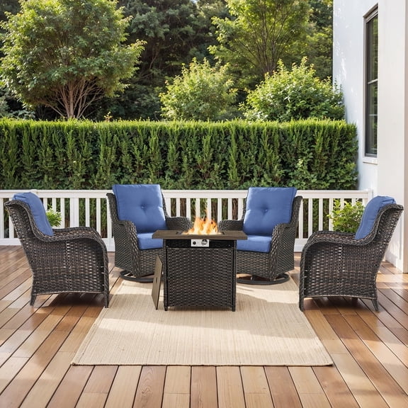 Gymojoy 5 Pieces Outdoor Patio Furniture Set with Fire Pit Table,Outside FirePit Conversation Set with PE Wicker Swivel Rocking Chairs and Coffee Table,Navy