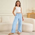 thumbnail image 2 of ZXLBBD Girls' Wide Leg Drawstring Elastic Waist Split Hem Loose Solid Color Trousers with Pockets Beach Vacation Durable Causal Daily Wear,Blue,Size 15 Y-16 Y, 2 of 7